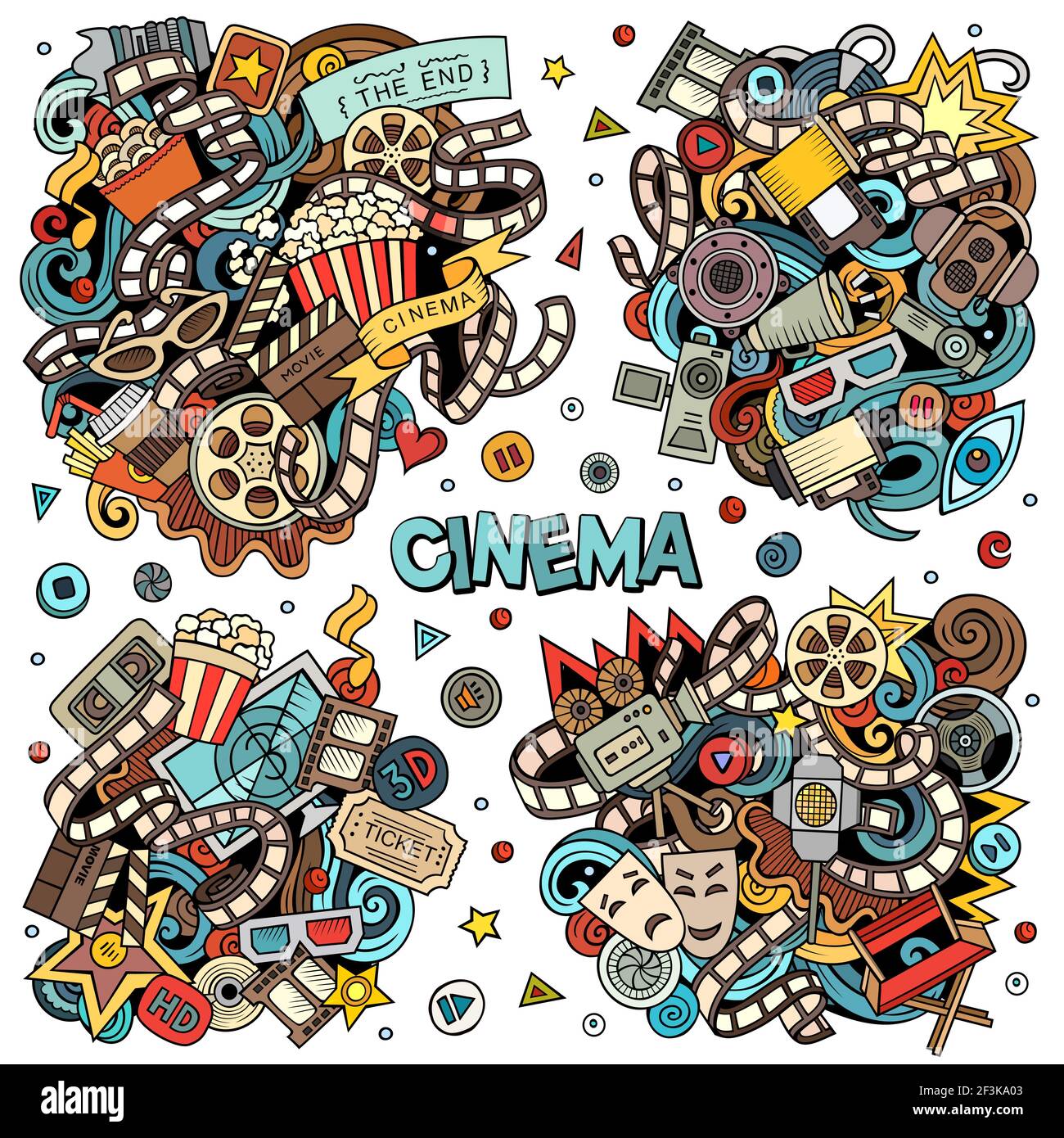 Cinema cartoon vector doodle designs set. Colorful detailed compositions with lot of movie objects and symbols. All items are separate Stock Vector