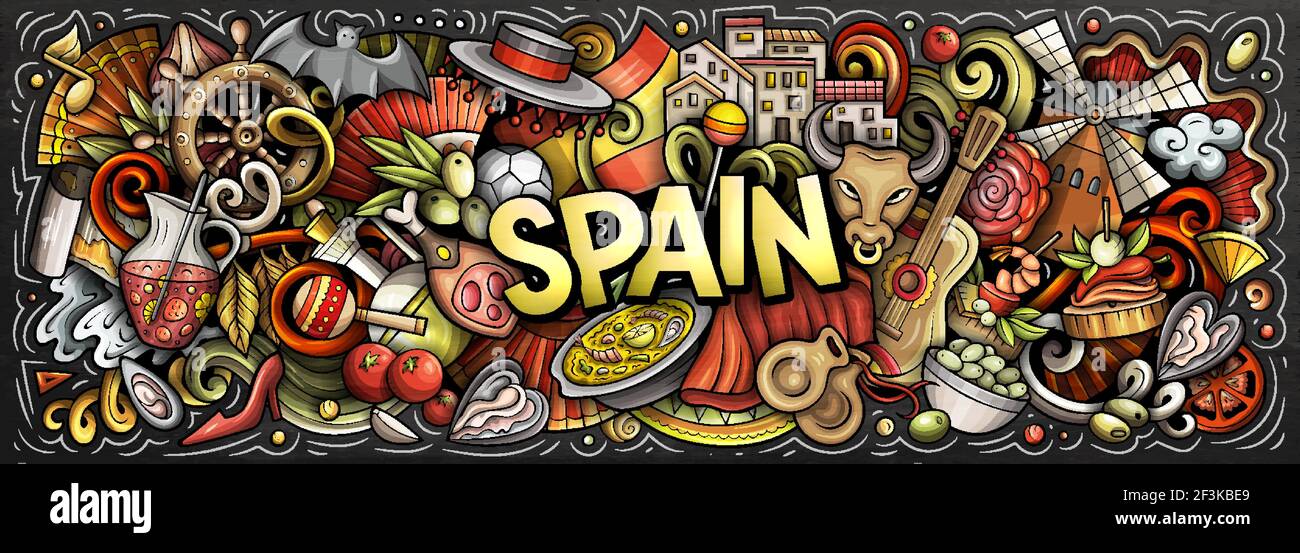 Spain hand drawn cartoon doodles illustration. Spanish funny objects and  elements poster design. Creative art background. Colorful vector banner  Stock Vector Image & Art - Alamy