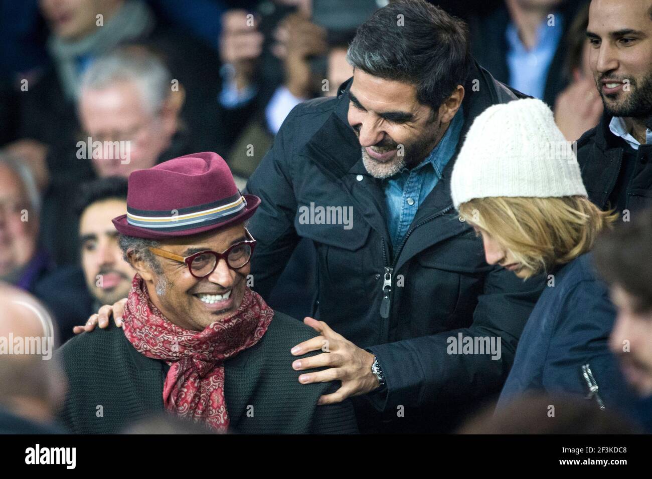 French actor and comedian Ary Abittan is seen with former French Tennis player Yannick Noah (L) during the UEFA Champions League, Group B, football match between Paris Saint-Germain and RSC Anderlecht on October 31, 2017 at Parc des Princes stadium in Paris, France - Photo Geoffroy Van Der Hasselt / DPPI Stock Photo