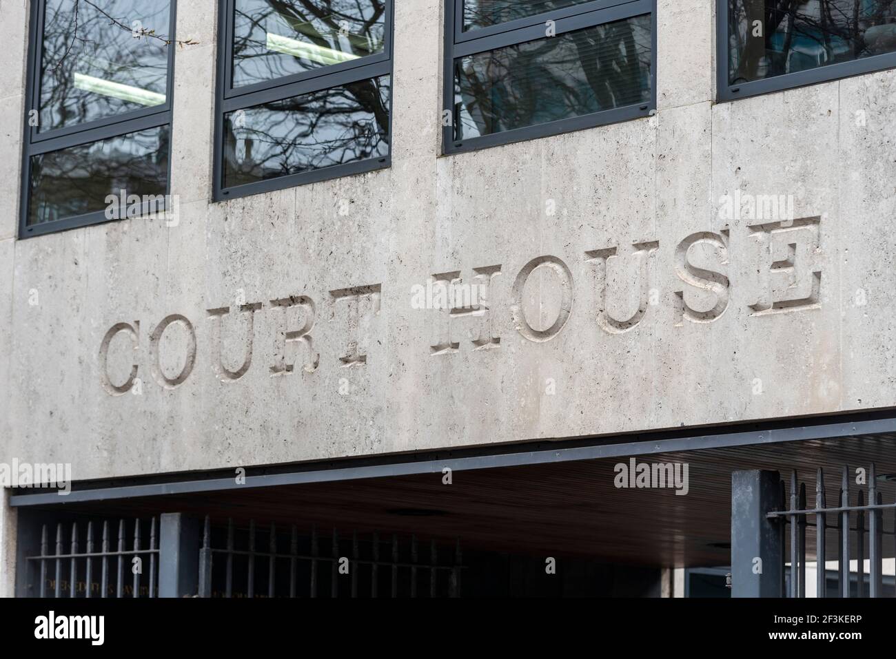 Magistrates Court House in Southend on Sea, Essex, UK. Carved stone lettering. Law, legal council magistrates judicial building Stock Photo