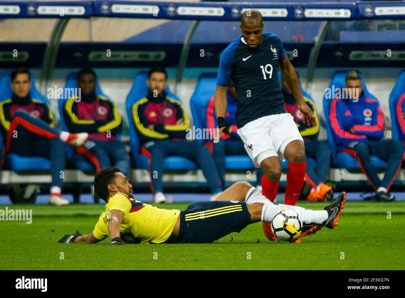 Colombia's Abel Aguilar tackles France's Djibril Sibide during the International Friendly Game football match between France and Colombia on march 23, 2018 at Stade de France in Saint-Denis, France - Photo Geoffroy Van Der Hasselt / DPPI Stock Photo