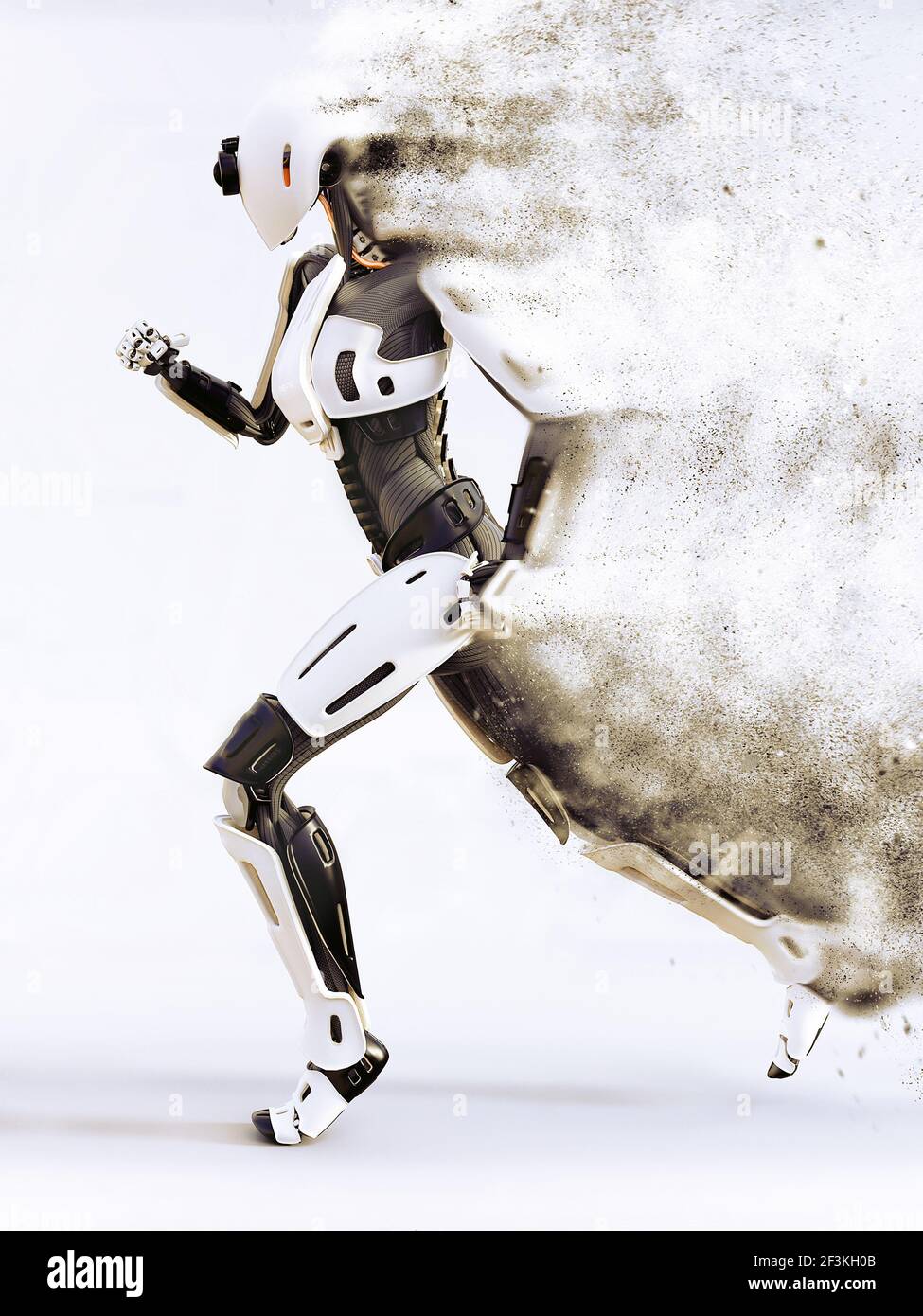 3D rendering of a female android robot dissolving in smoke or sand or vaporizing while running. Futuristic ai concept. Stock Photo