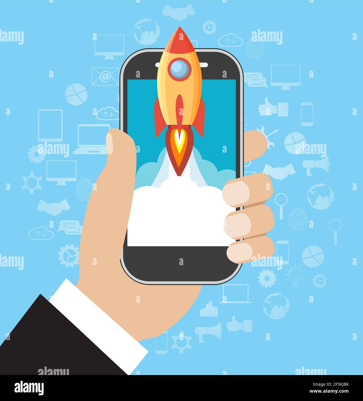 Hand holds smartphone with launch rocket Stock Vector Image & Art - Alamy