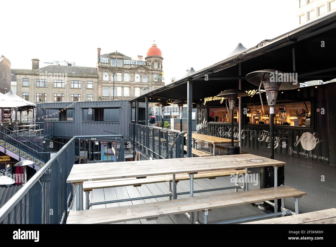Newcastle upon Tyne UK - 8th Jan 2020: The Stack in Newcastle. Venue made from shipping containers with wooden benches Stock Photo