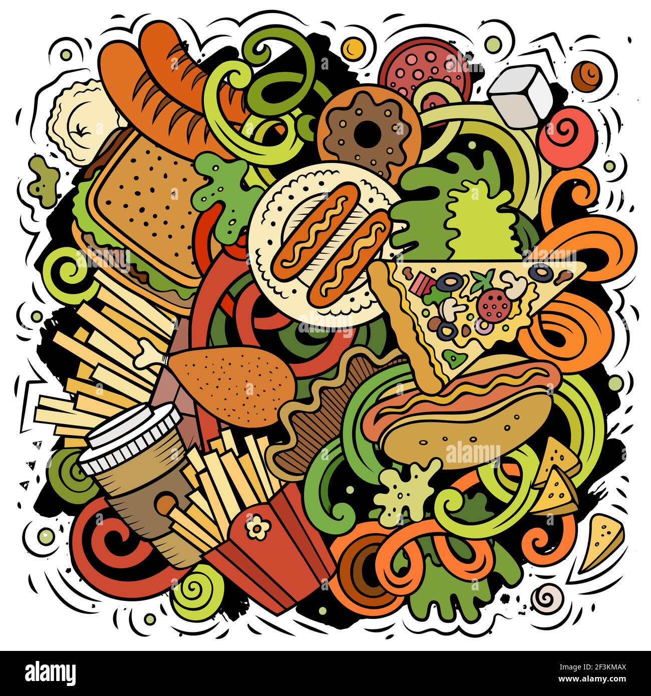 Fastfood vector doodles illustration. Fast food design. Unhealthy food  elements and objects cartoon background. Bright colors funny picture. All  items Stock Vector Image & Art - Alamy
