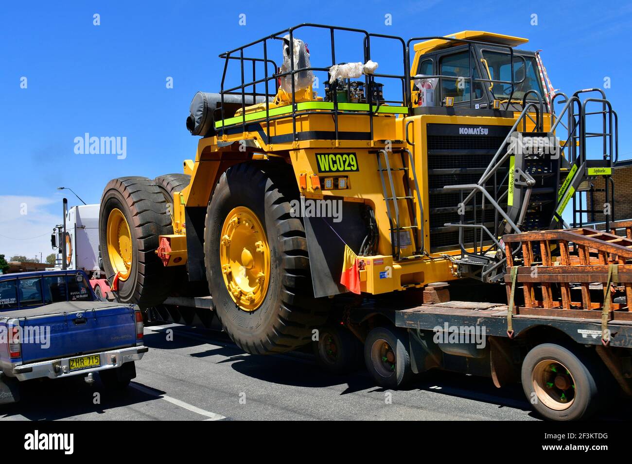 Broken Hill, Victoria, Australia - November 10, 2017: Abnormal wide load on truck usually named road train carry a mining vehicle in the frontier city Stock Photo