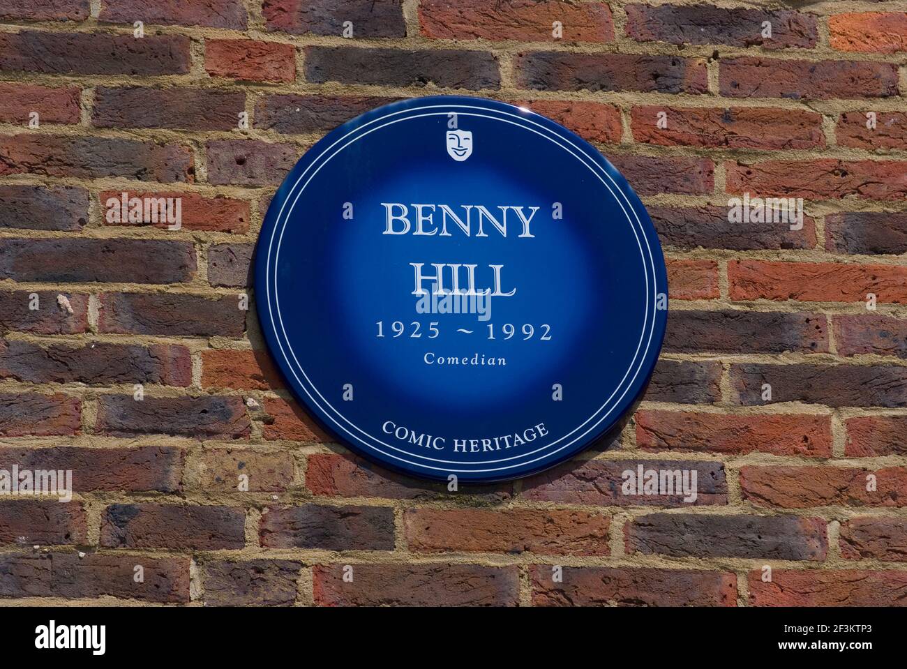 Benny Hill on a plaque commemorating comedians who worked at Teddington (now part of Pinewood) Studios, Teddington, England | NONE | Stock Photo