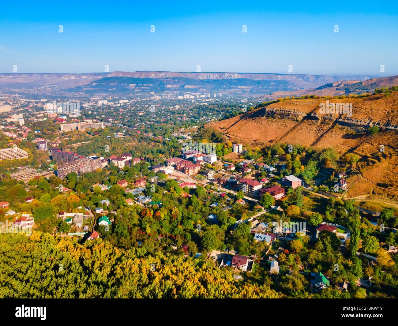 Kislovodsk city aerial panoramic view. Kislovodsk is a spa city in Caucasian Mineral Waters region, Stavropol Krai, Russia. Stock Photo