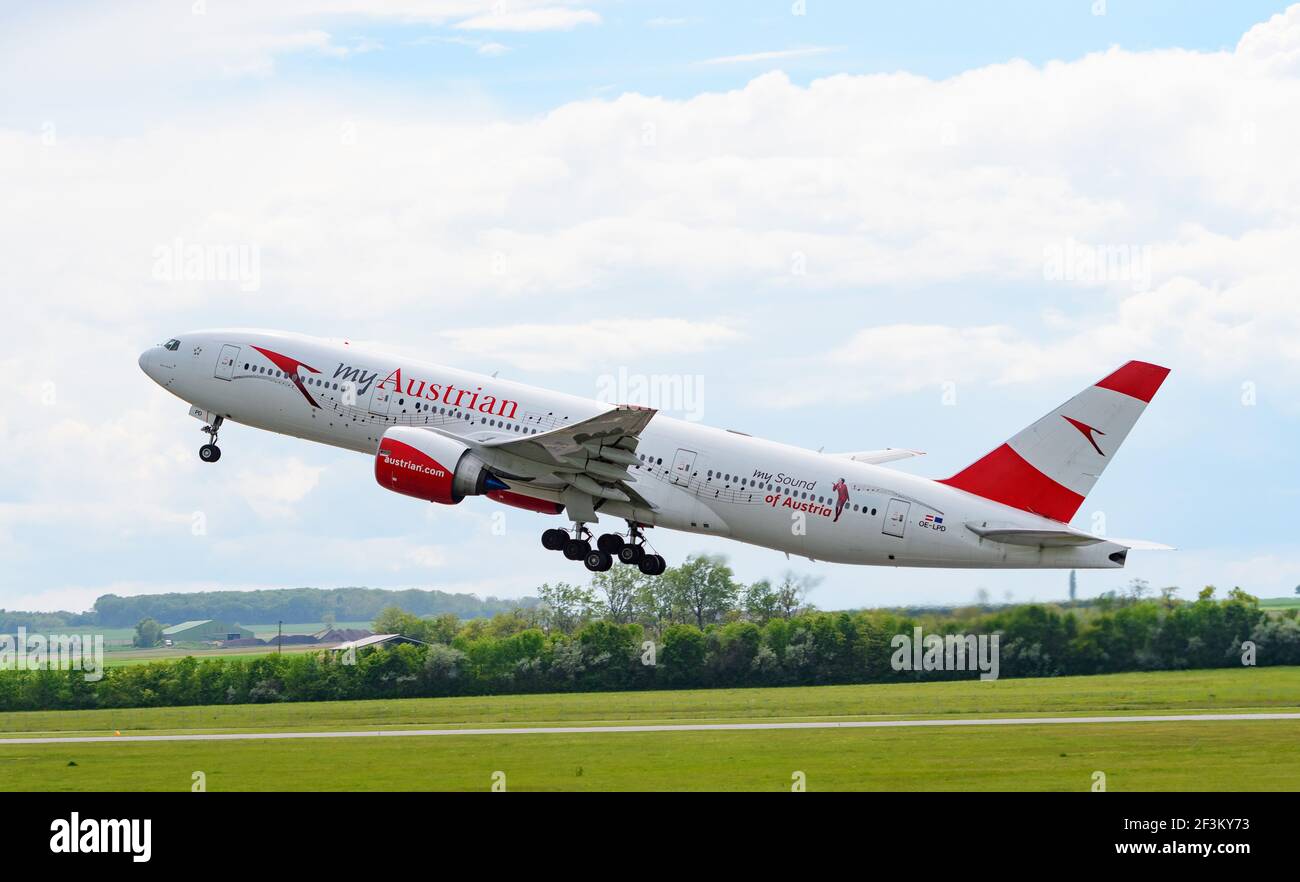 schwechat, austria, 20 may 2019, Boeing 777-2Z9(ER), oe-lpd, my sound of austria, operated by austrian airlindes take off at vienna international airp Stock Photo