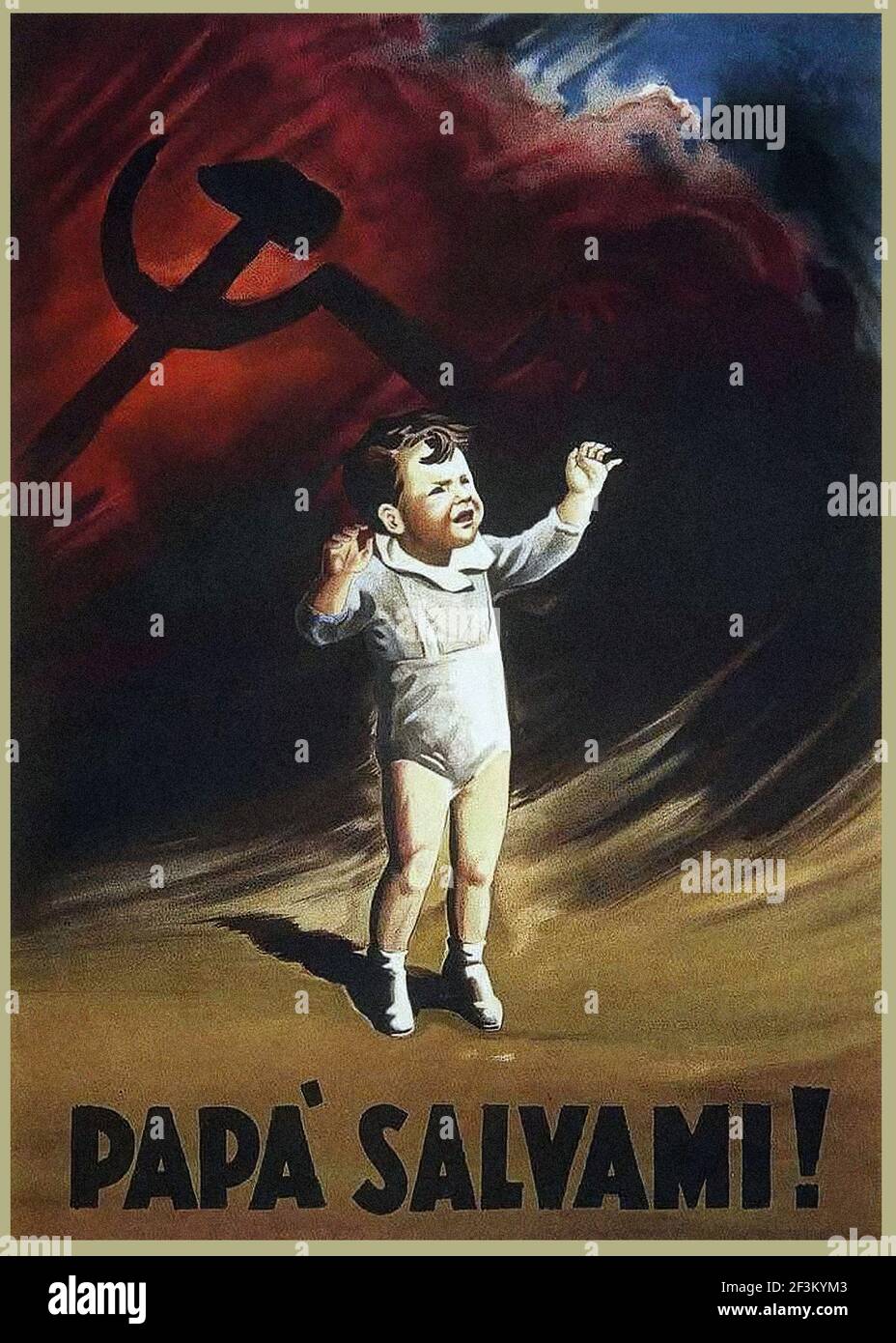 Vintage Italian anit-communist propaganda poster. Dad, Save Me! Italy. 1940s Stock Photo