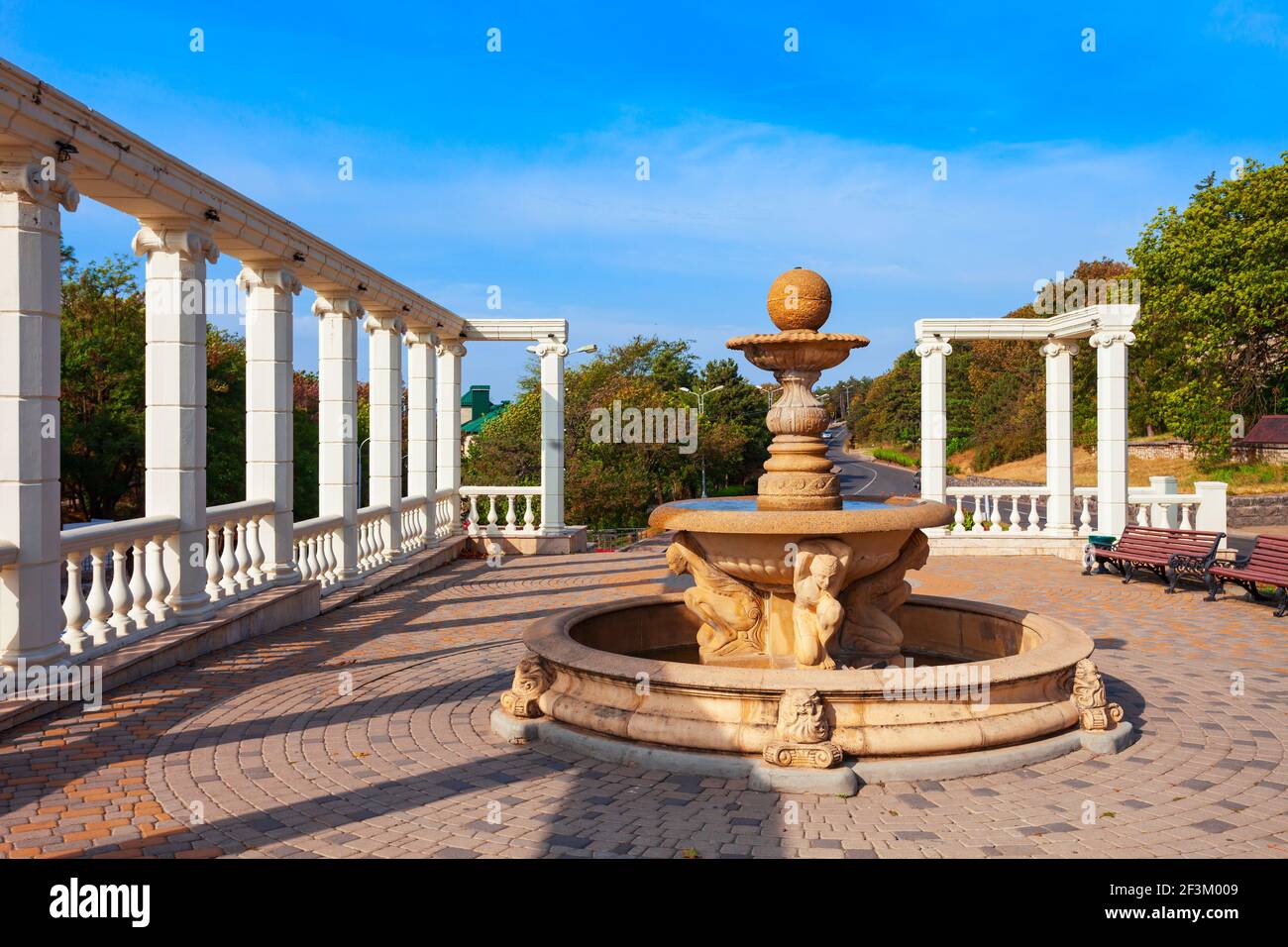 Fountain and colonnade at the Gagarina boulevard in Pyatigorsk, a spa city in Caucasian Mineral Waters region, Stavropol Krai in Russia Stock Photo