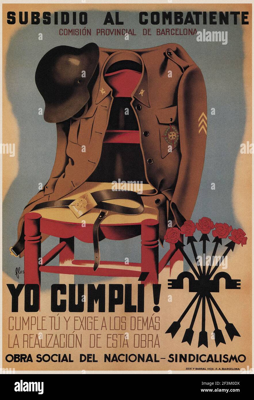 Spanish Civil War propaganda poster. .Combatant Subsidy. Provincial Commission Of Barcelona. 1939 Stock Photo