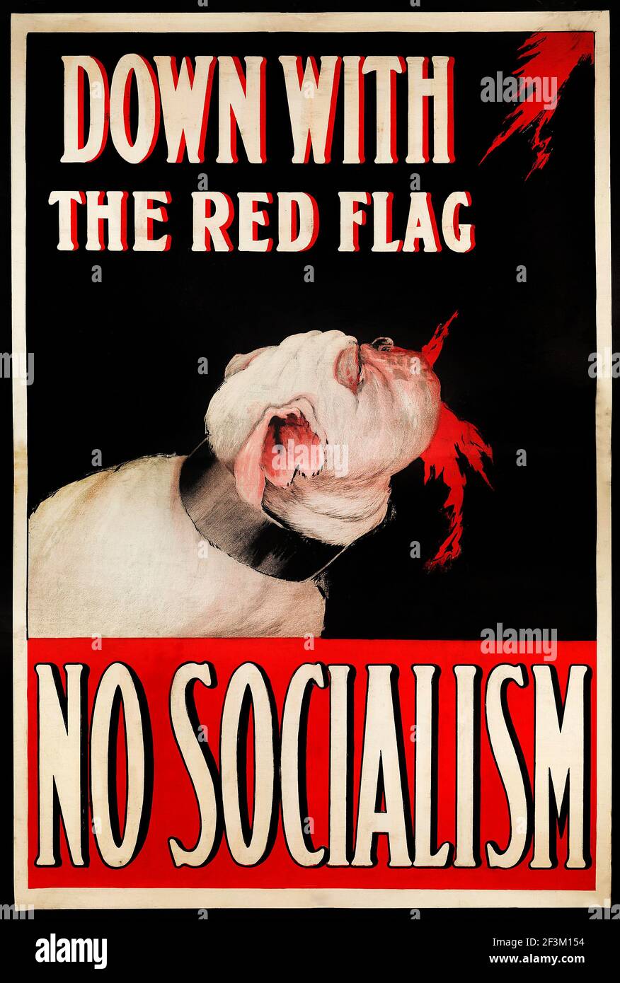 Down With The Red Flag Liberal Unionist poster depicting the British Bulldog taking a large bite out of the impending spectre of Socialism in the coun Stock Photo