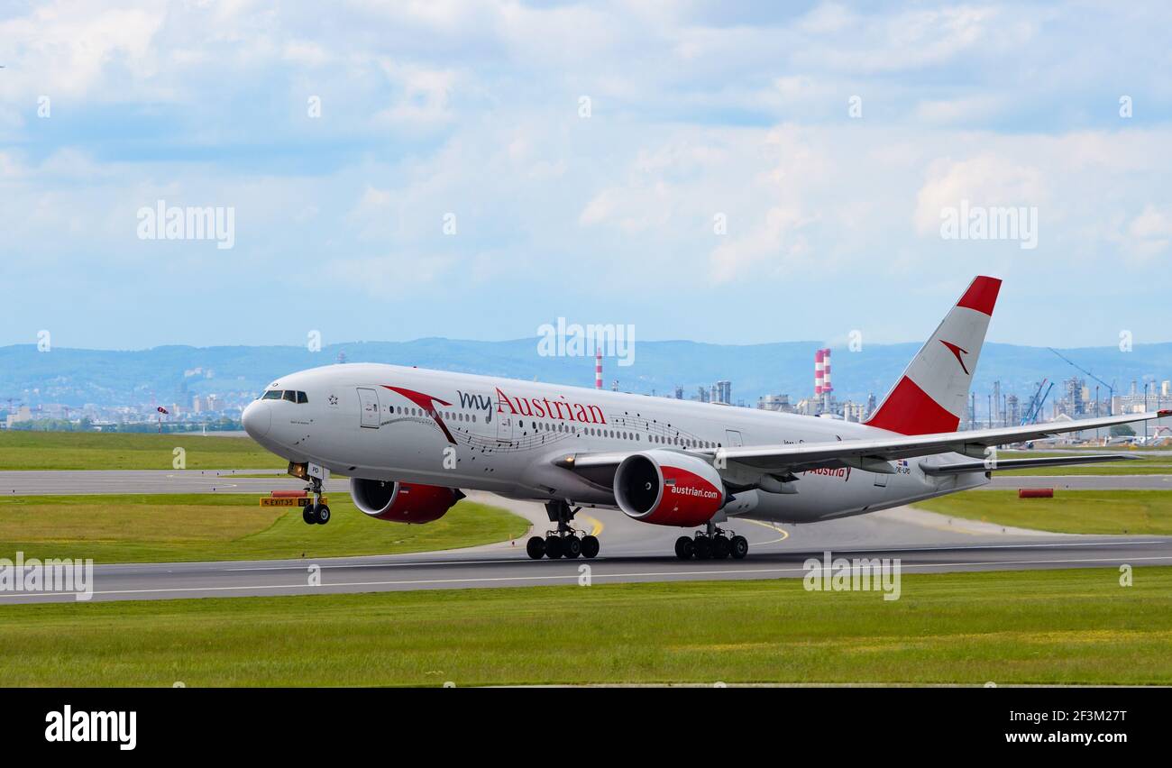 schwechat, austria, 20 may 2019, Boeing 777-2Z9(ER), oe-lpd, my sound of austria, operated by austrian airlindes take off at vienna international airp Stock Photo