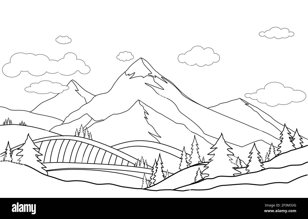 Line art, drawing of mountain landscape vector illustration. Cartoon of spring summer beautiful