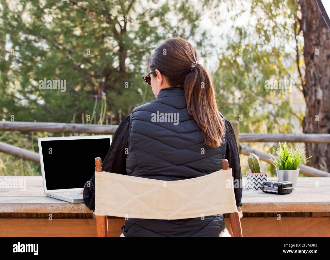 Freelancer Girls Work Typing On Laptop And Looking At Monitor With Beautiful Views And Outdoors Sky And Greens Traveling With A Computer Dream Job O Stock Photo Alamy