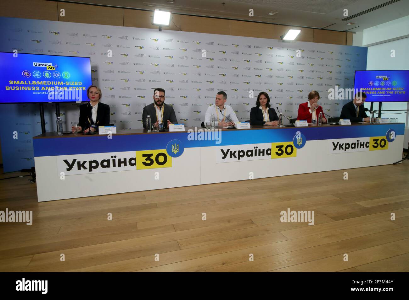 KYIV, UKRAINE - MARCH 17, 2021 - Participants are pictured during a news conference held on the sidelines of the Ukraine 30. Small and Medium Business Stock Photo