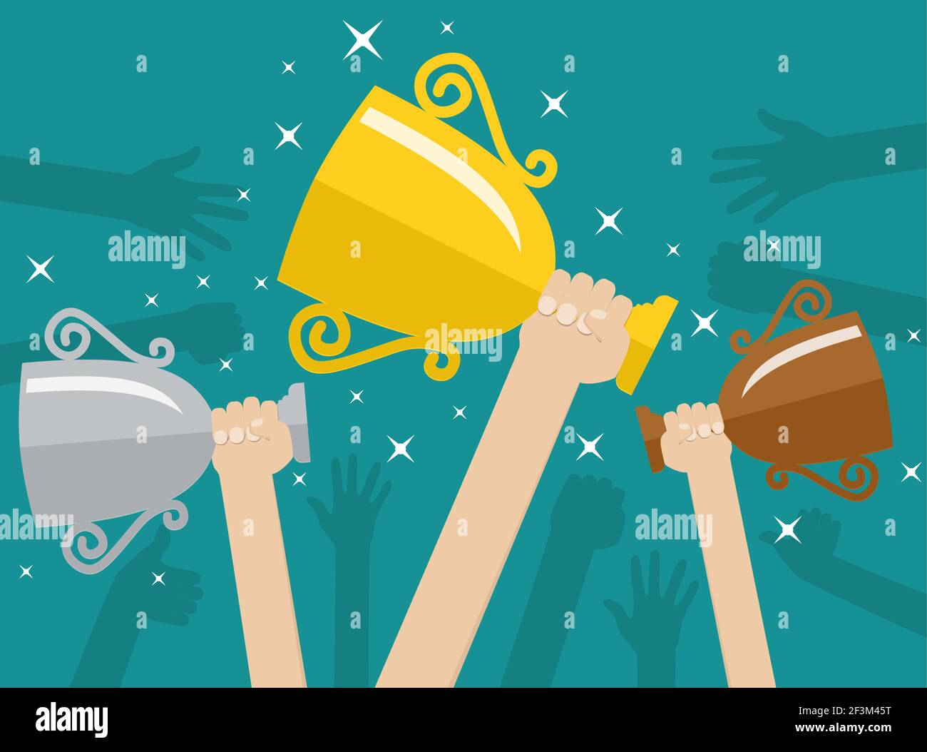 Hands holding trophies winner cups. Stock Vector