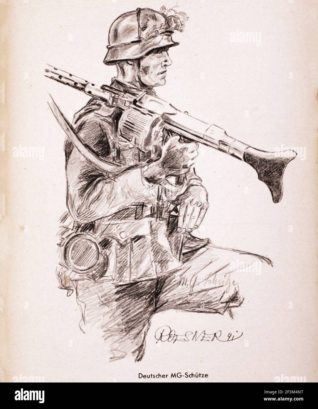 World War II sketches by German artists. German machine gunner in Russian campaign (Eastern Front).  USSR, 1940s Stock Photo