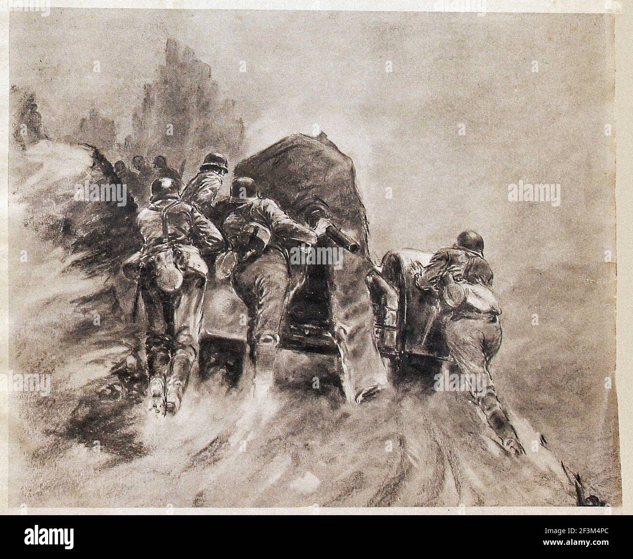 German World War II period art. German anti-aircraft artillery on difficult paths through the Bulgarian-Greek border mountains. 1941 Stock Photo