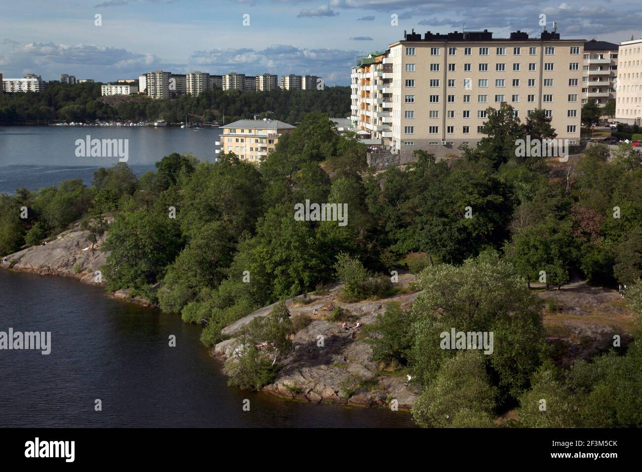 Residential towers and body of water, Bromma, Stockholm, Sweden. Stock Photo