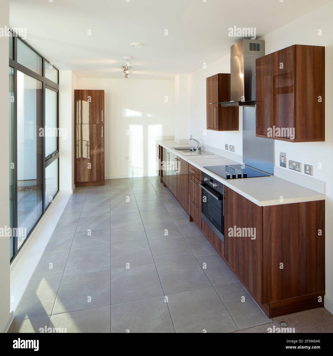 Fitted kitchen in show home development of houses, flats and a leisure centre by Wates Construction for John Laing, Croydon, London, UK Stock Photo