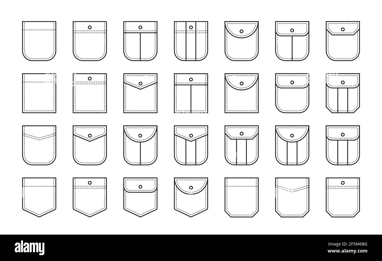 Set of patch pocket icons for shirts and other clothing. Isolated line