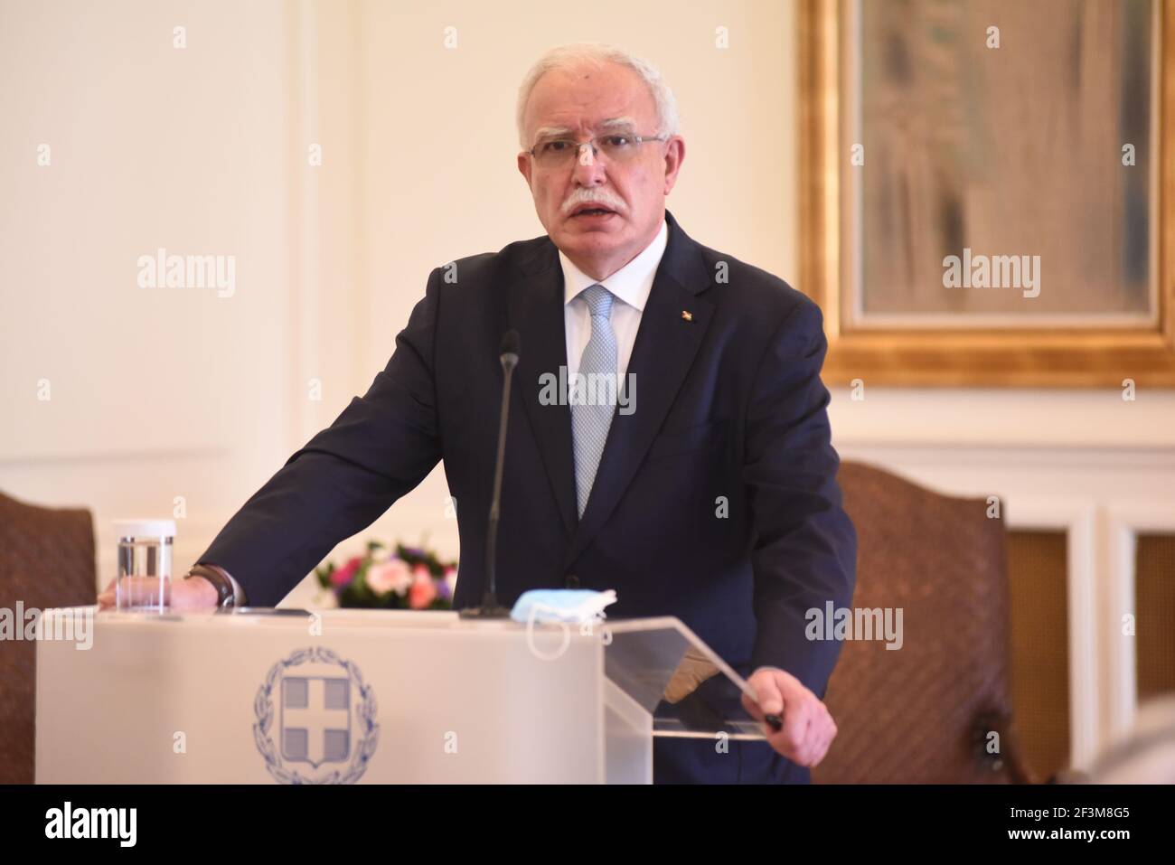 Athens, Greece. 16th Mar, 2021. Riyad al-Maliki Foreign Affairs Minister of the Palestinian National Authority, during the statements to the press with Greek Minister of Foreign Affairs Nikos Dendias in Athens, Greece on March 16, 2021. (Photo by Dimitrios Karvountzis/Pacific Press/Sipa USA) Credit: Sipa USA/Alamy Live News Stock Photo