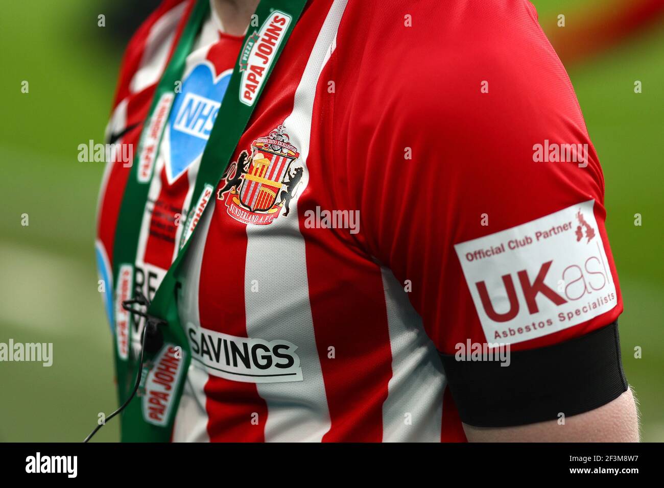 Sunderland shirt detail and club crest - Sunderland v Tranmere Rovers, EFL Papa John's Trophy Final, Wembley Stadium, London - 14th March 2021  Editorial Use Only Stock Photo