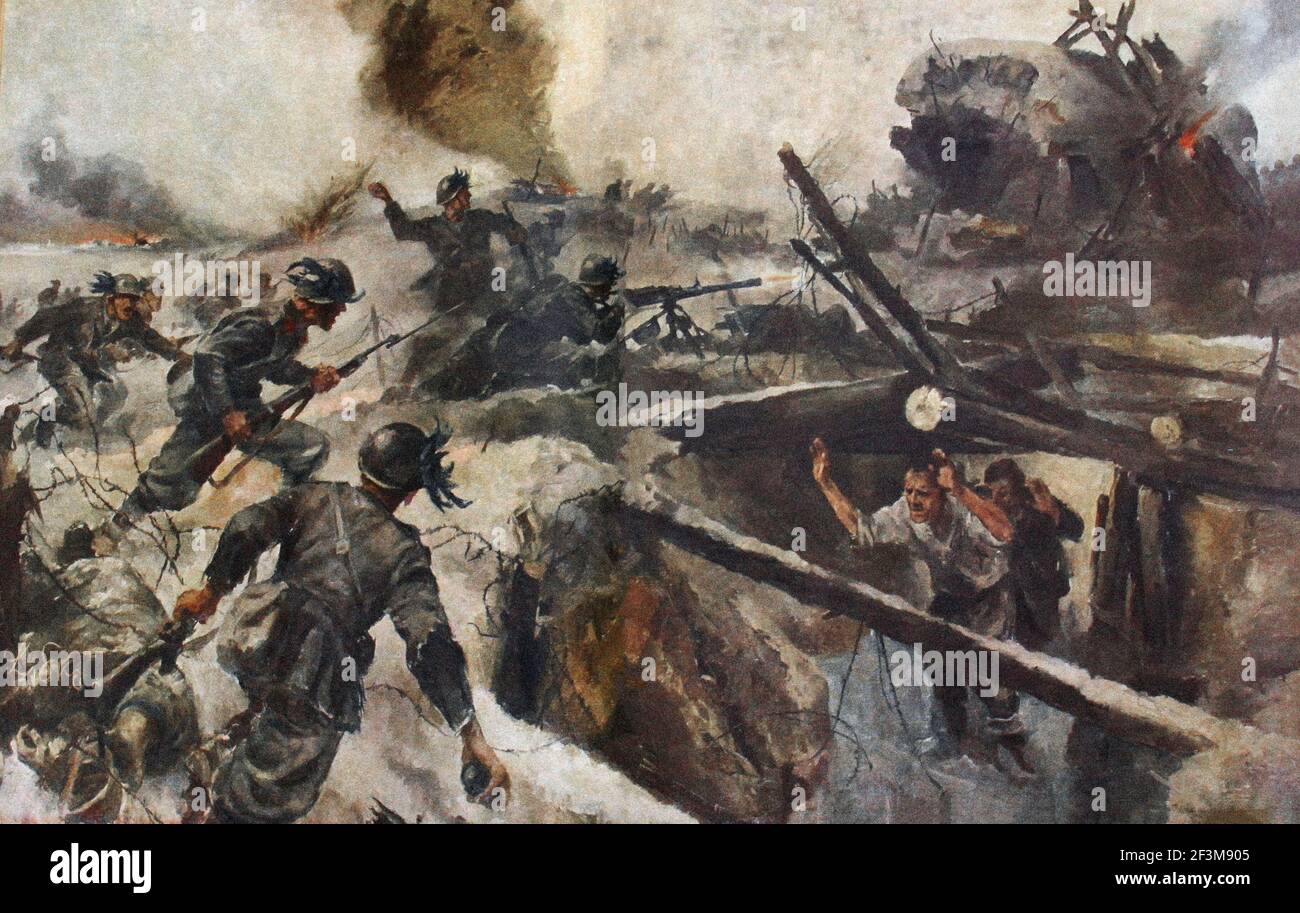 World War II period from German propaganda news. Italian Bersaglieri attack on the Eastern Front. 1941 Stock Photo