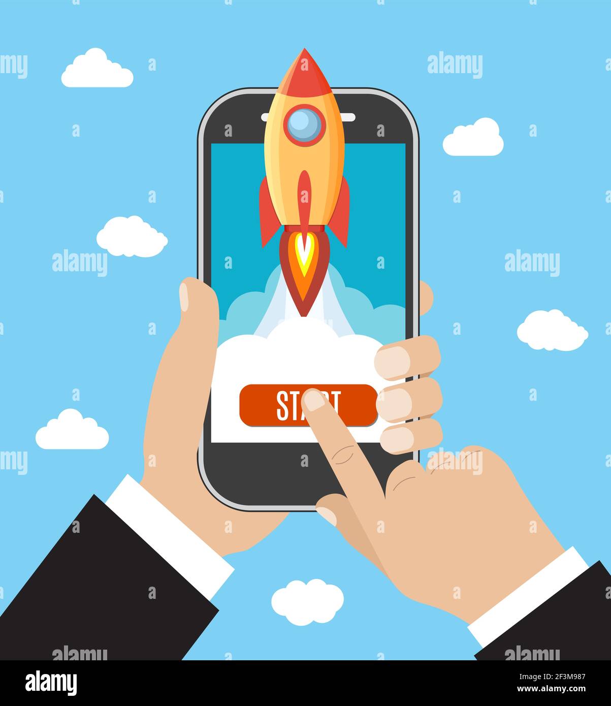 Hand holds smartphone with launch rocket Stock Vector Image & Art - Alamy