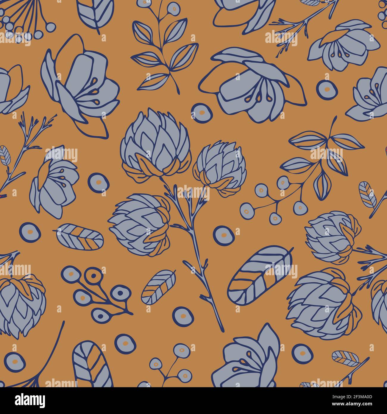 Seamless vector pattern with blue flowers on beige background ...