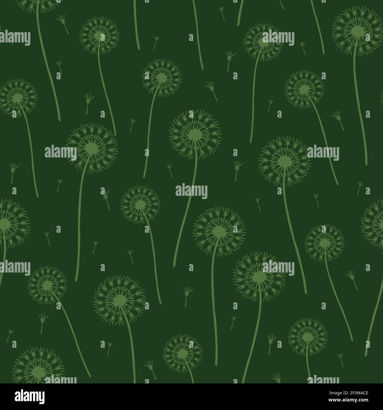 Seamless  vector pattern with dandelions on green background. Make a wish wallpaper design. Decorative floral fashion textile. Stock Vector