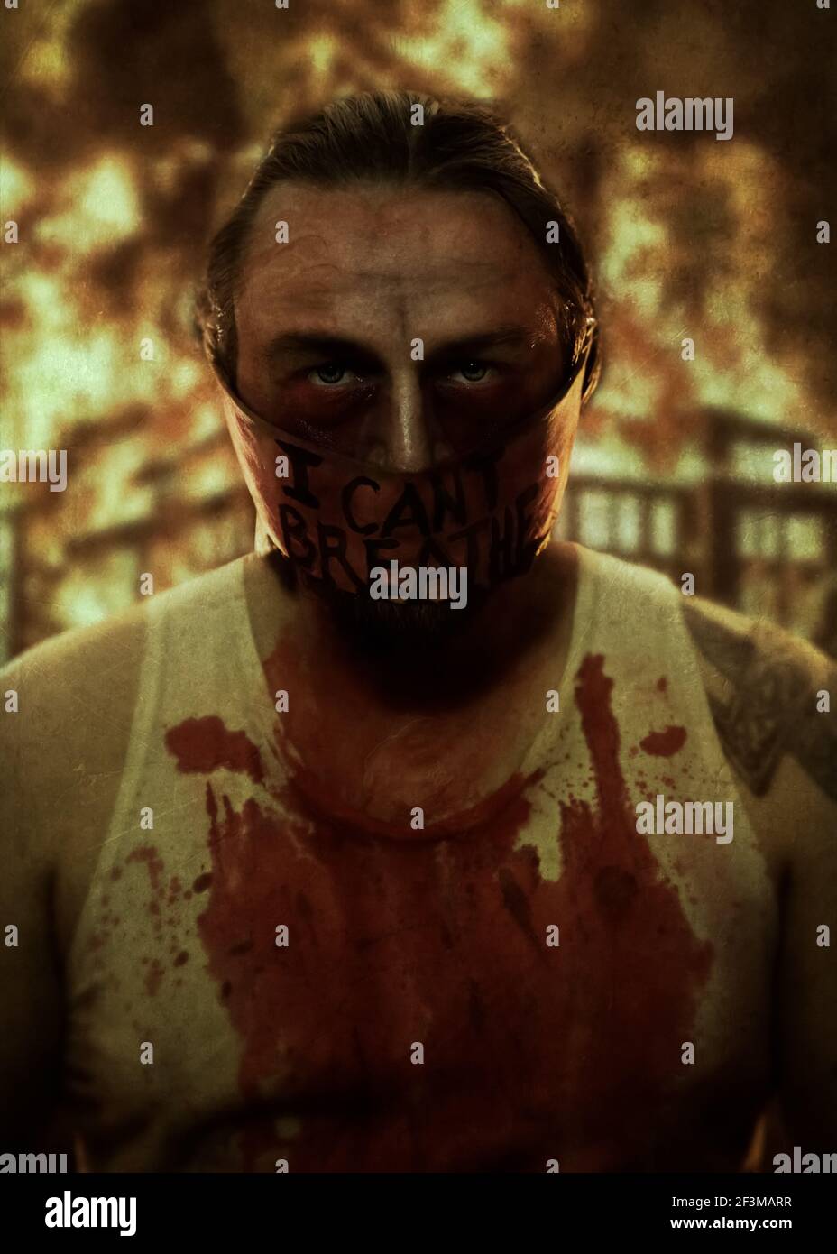 I cant breathe Caption on man face mask and burning city at night buildings Symbol of protest News illustration info articles blogs publication print Stock Photo