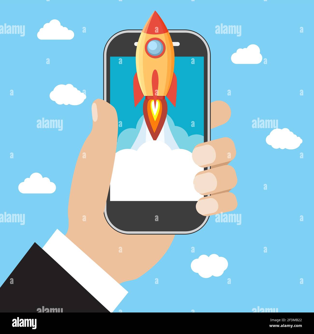 Hand holds smartphone with launch rocket Stock Vector Image & Art - Alamy