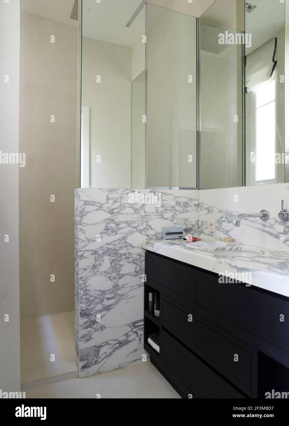 Corner of bathroom with mirrored walls and marbled sink in French