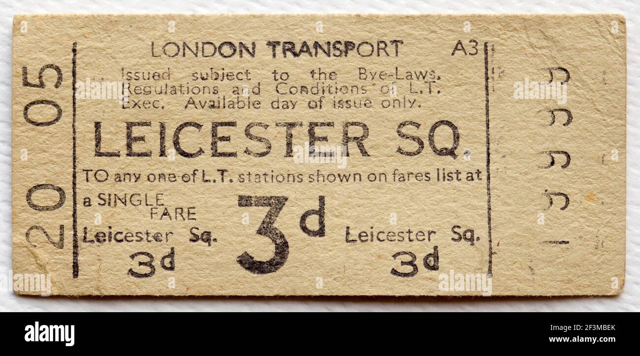 1950s London Transport Underground or Tube Train Ticket from Leicester Square Station Stock Photo