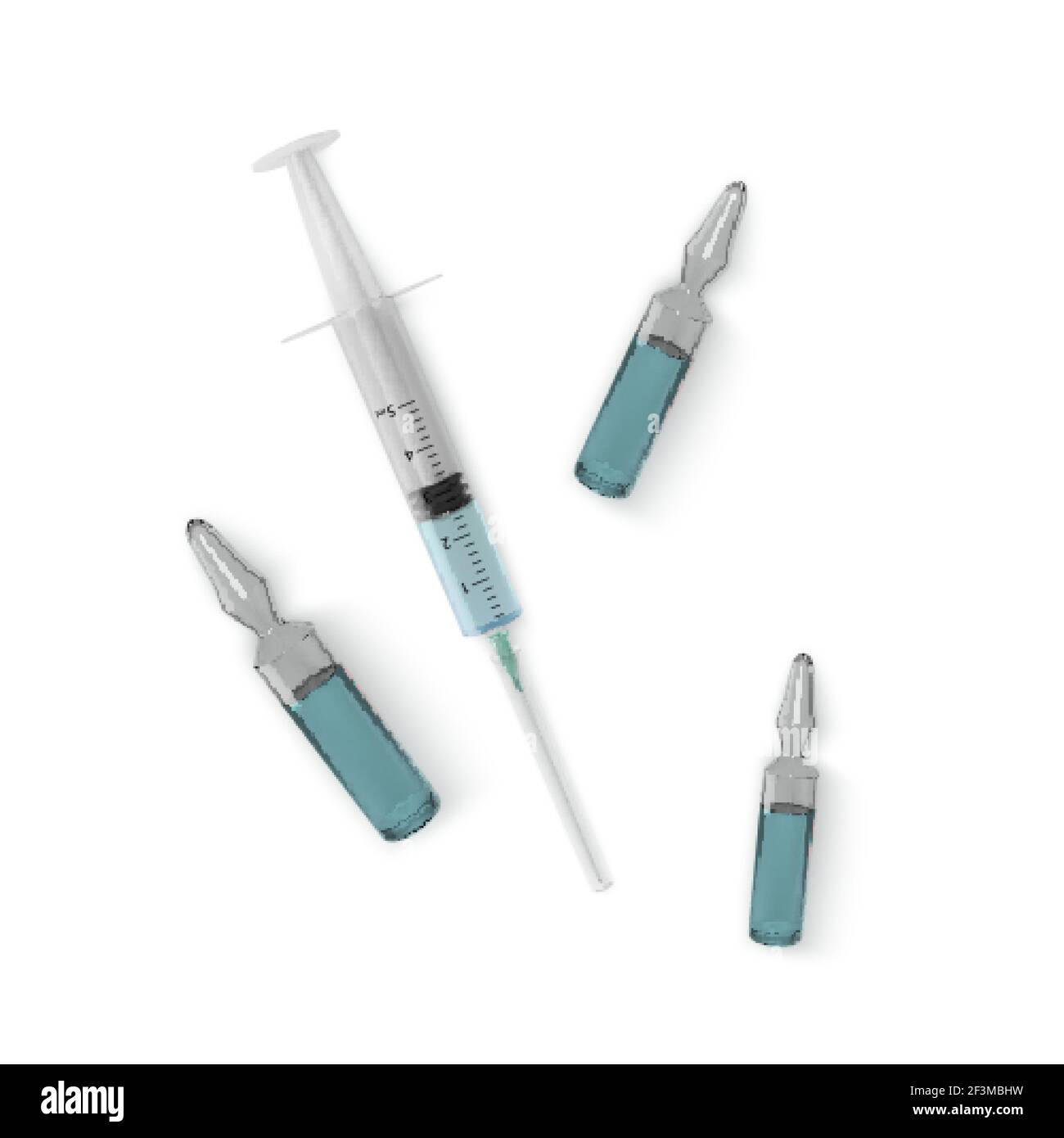 Realistic ampoule with vaccine and syringe. Vaccination and treatment concept. Vector Stock Vector