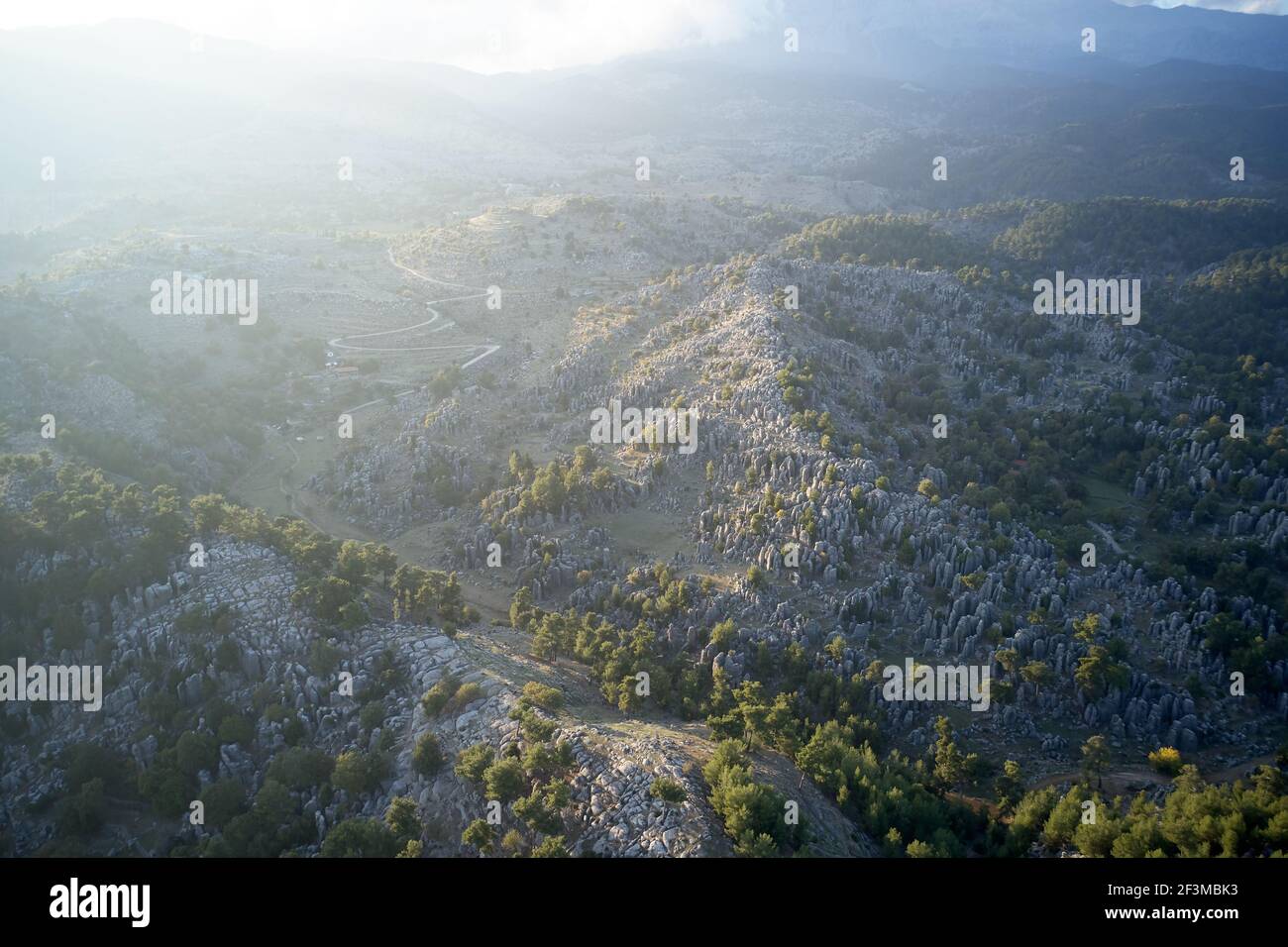 Aerial panoramic view of foggy morning mountain scene Stock Photo - Alamy