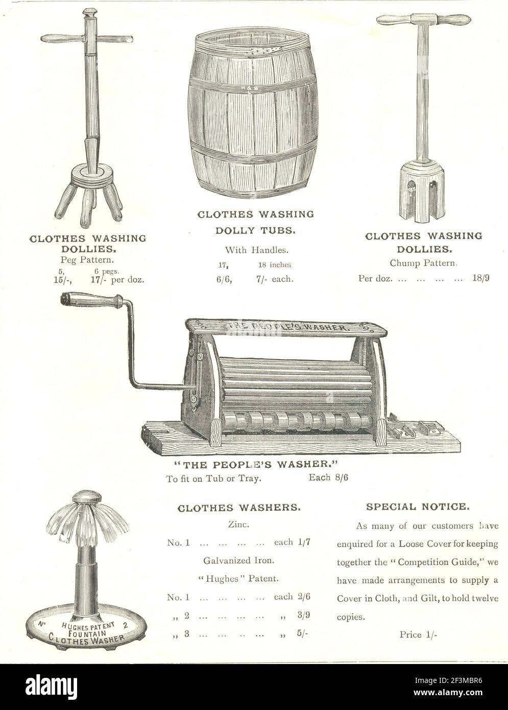 Page showing clothes washing dollies and dolly tubs from catalogue 'Competition Guide' for the Ironmongery and Hardware Trades published by G Harding & Sons, London S E 1892 Stock Photo