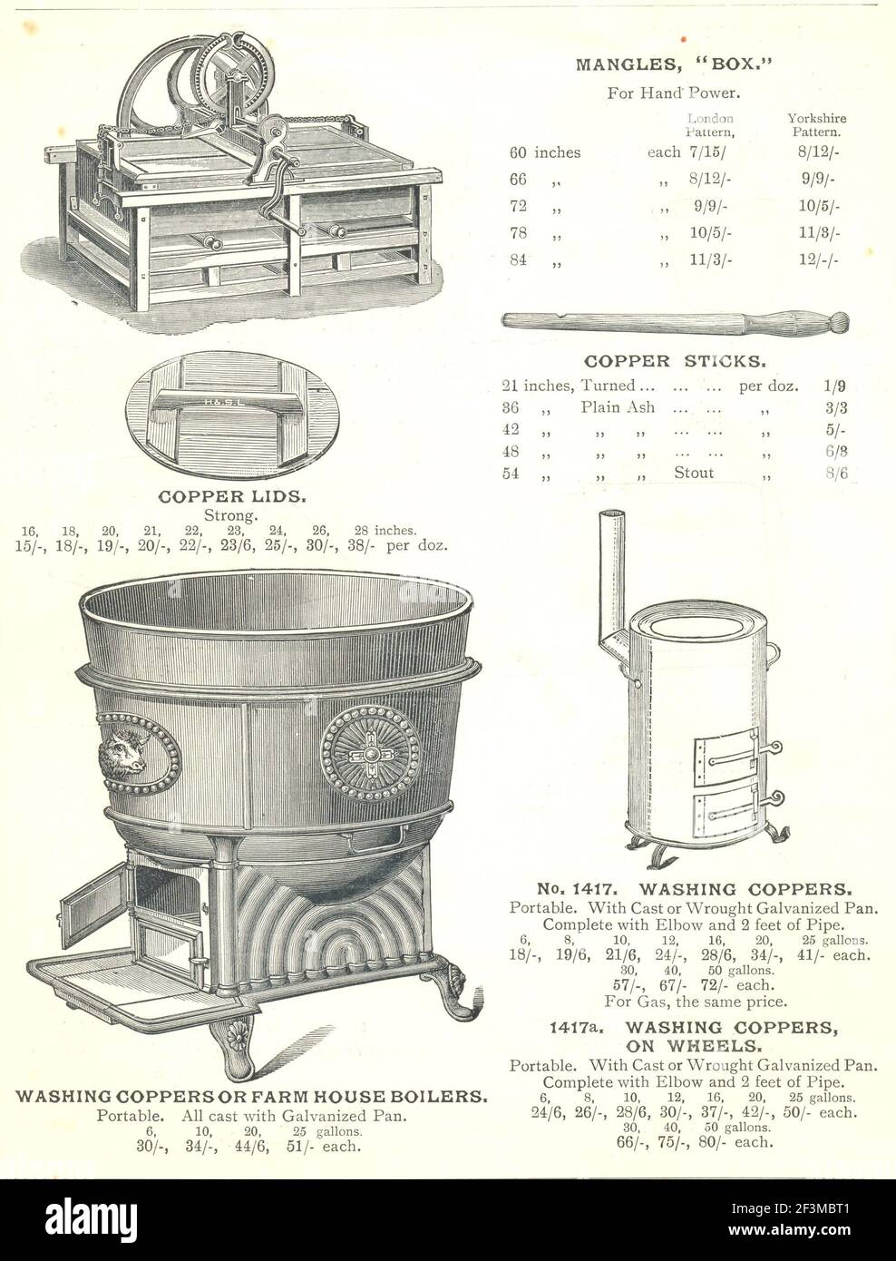 Page showing box mangle and washing coppers from catalogue 'Competition Guide' for the Ironmongery and Hardware Trades published by G Harding & Sons, London S E 1892 Stock Photo