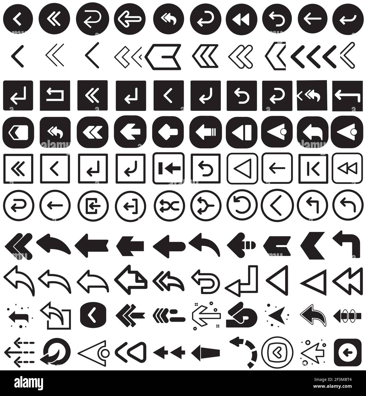 Vector illustration of black arrow icons set. Back Button icons pack.Back button icon collection for apps and websites Stock Vector