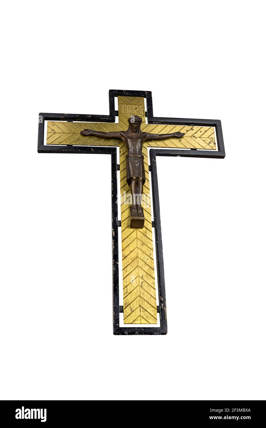 Jesus Christ crucifixion. Cross isolated on white background Stock Photo