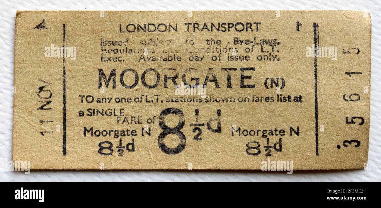1950s London Transport Underground or Tube Train Ticket from