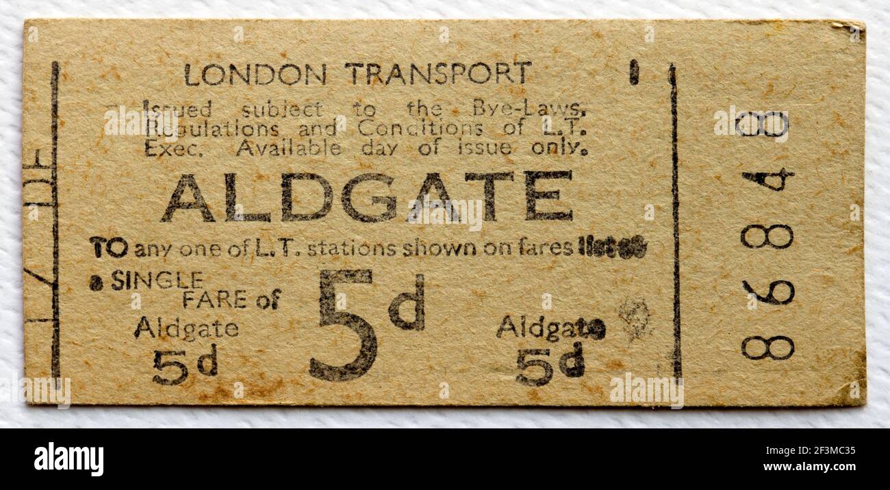 1950s London Transport Underground or Tube Train Ticket from Aldgate Station Stock Photo