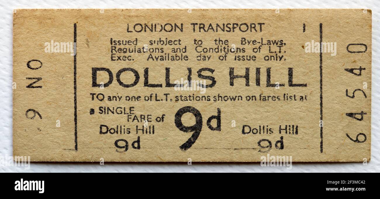 1950s London Transport Underground or Tube Train Ticket from Dollis Hill Station Stock Photo