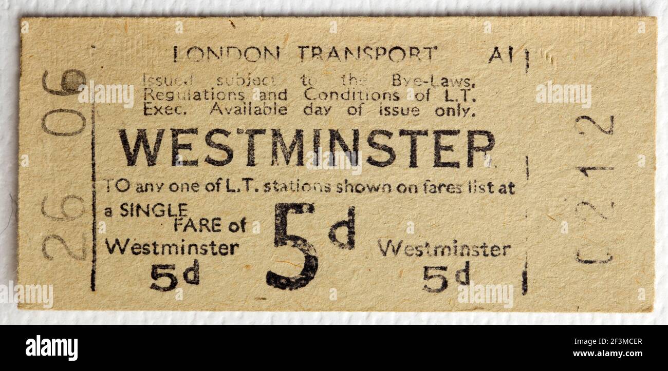 1950s London Transport Underground or Tube Train Ticket from Westminster Station Stock Photo