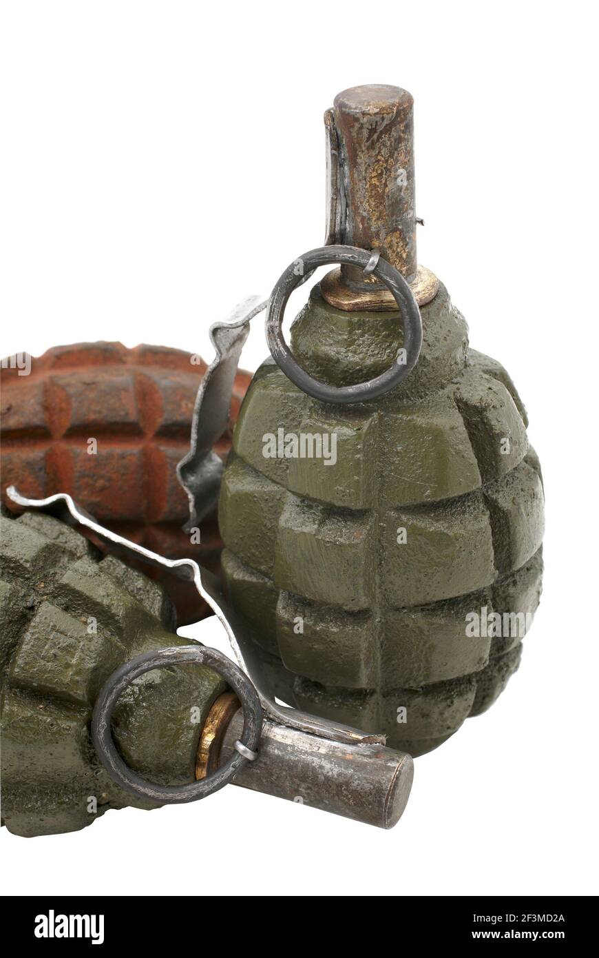 Soviet hand grenades (slang - pineapples) isolated over a white background.  Fragmentation hand grenade, very effective used during the Second World W Stock Photo