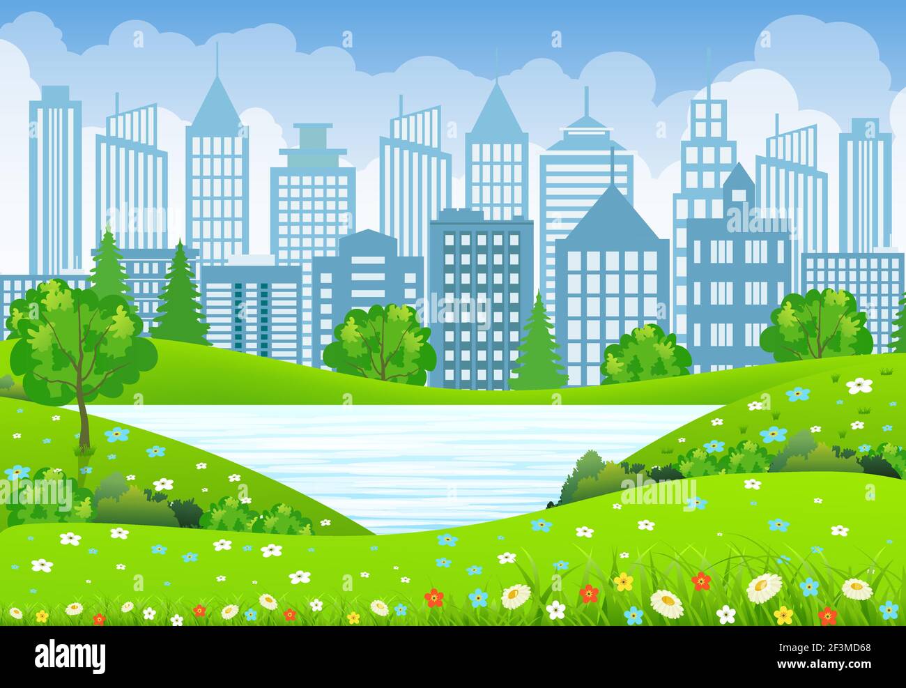 Green City Landscape with tree lake and flowers Stock Vector Image ...