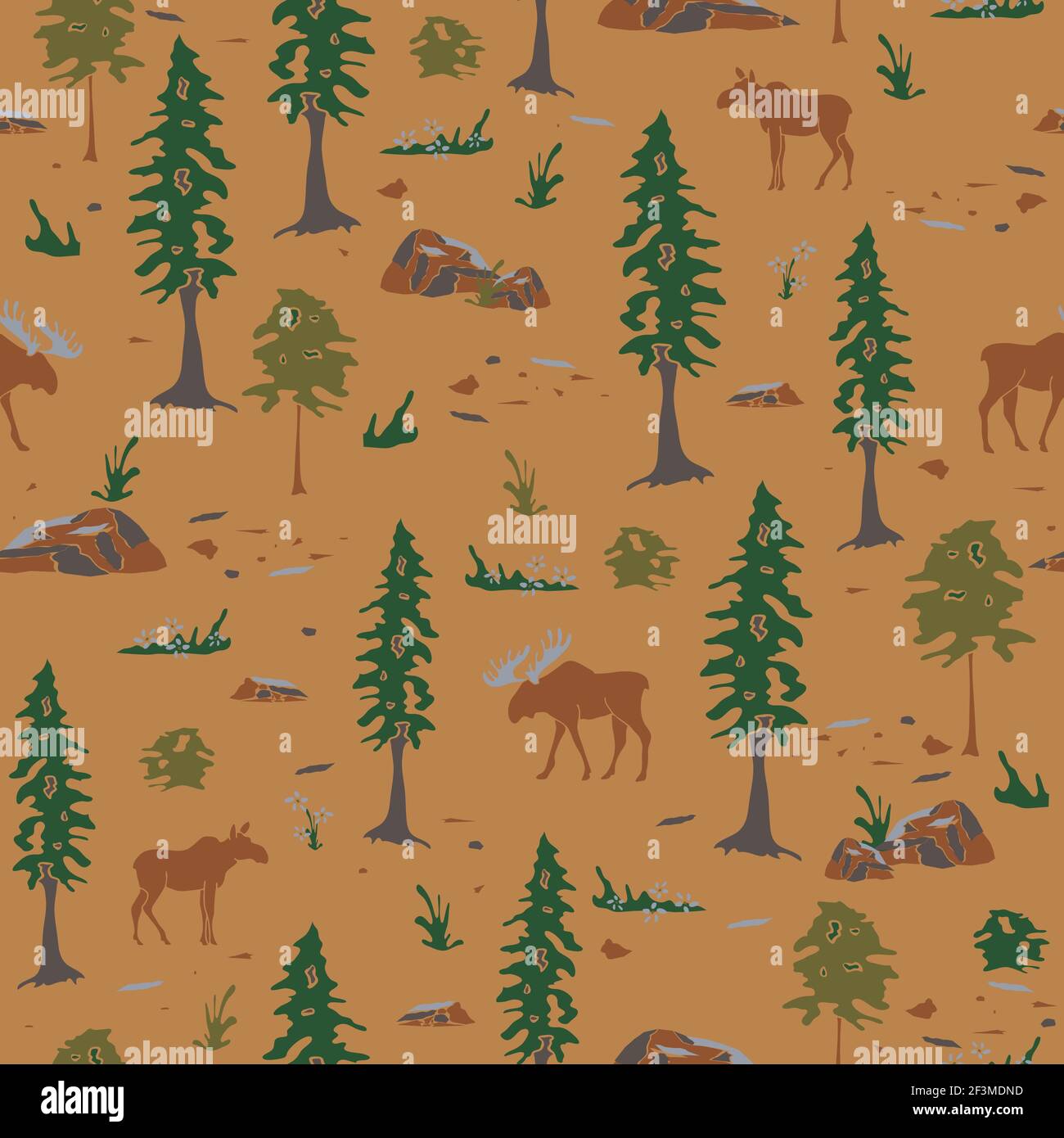Seamless vector pattern with moose landscape on light brown background.  Canadian forest animal wallpaper design. Stock Vector